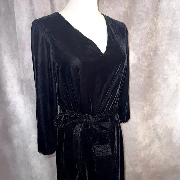 Lauren by Ralph Lauren Velvet Style Midi Little Black Dress Long Sleeve Bow Tie - Picture 3 of 15